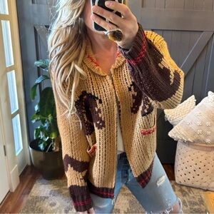 Knitted Horse Print Cardigan Sweater Western Rodeo Cowichan Vintage Quilted Coat